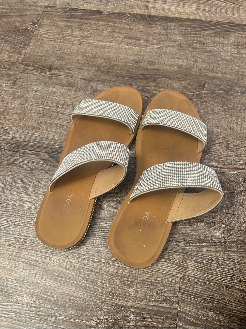 Moda Tan Slide Sandals with Silver Crystal Straps